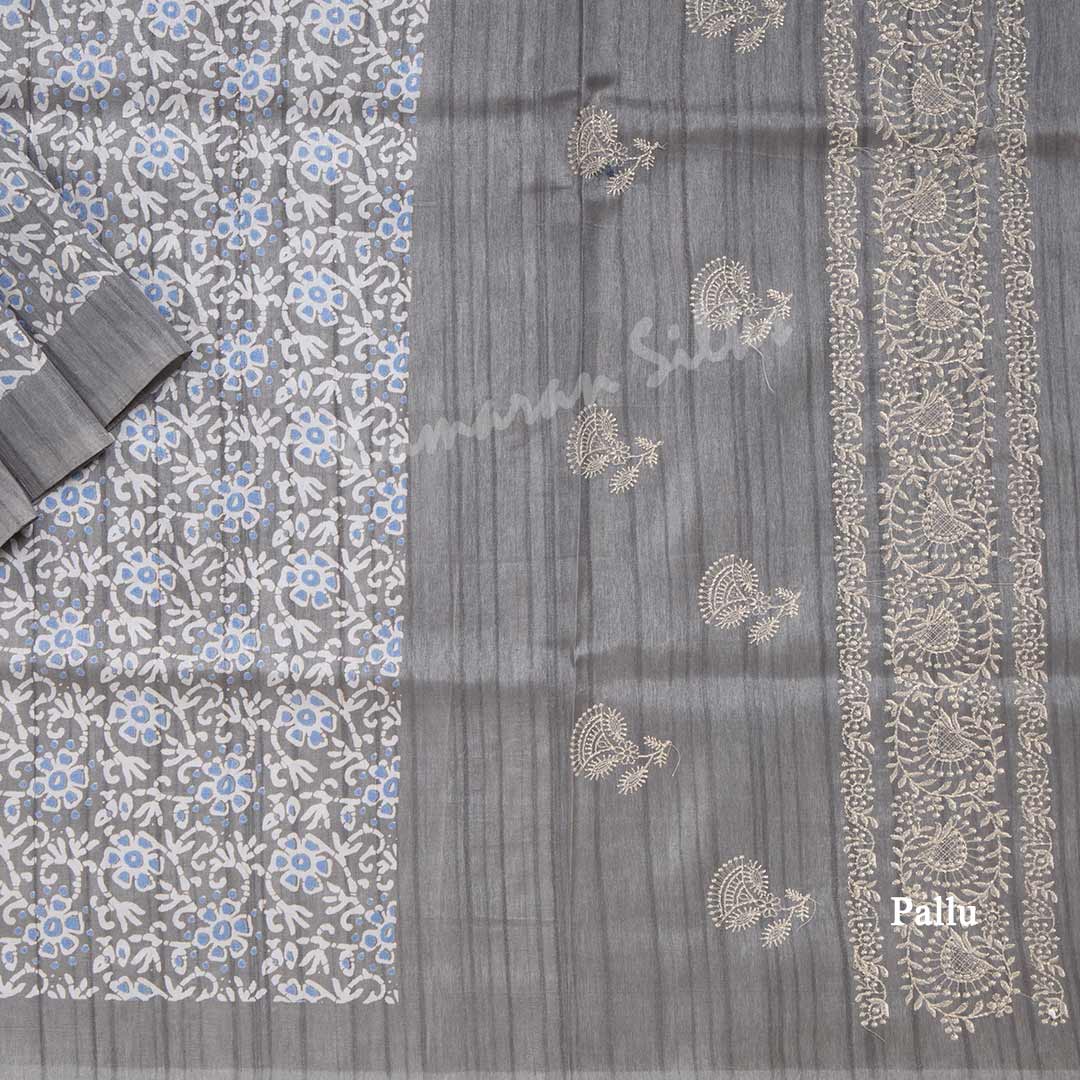 Semi Raw Silk Grey Floral Printed Saree