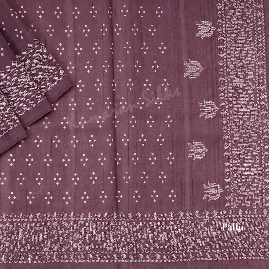 Semi Raw Silk Dark Purple Printed Saree With Thread Border