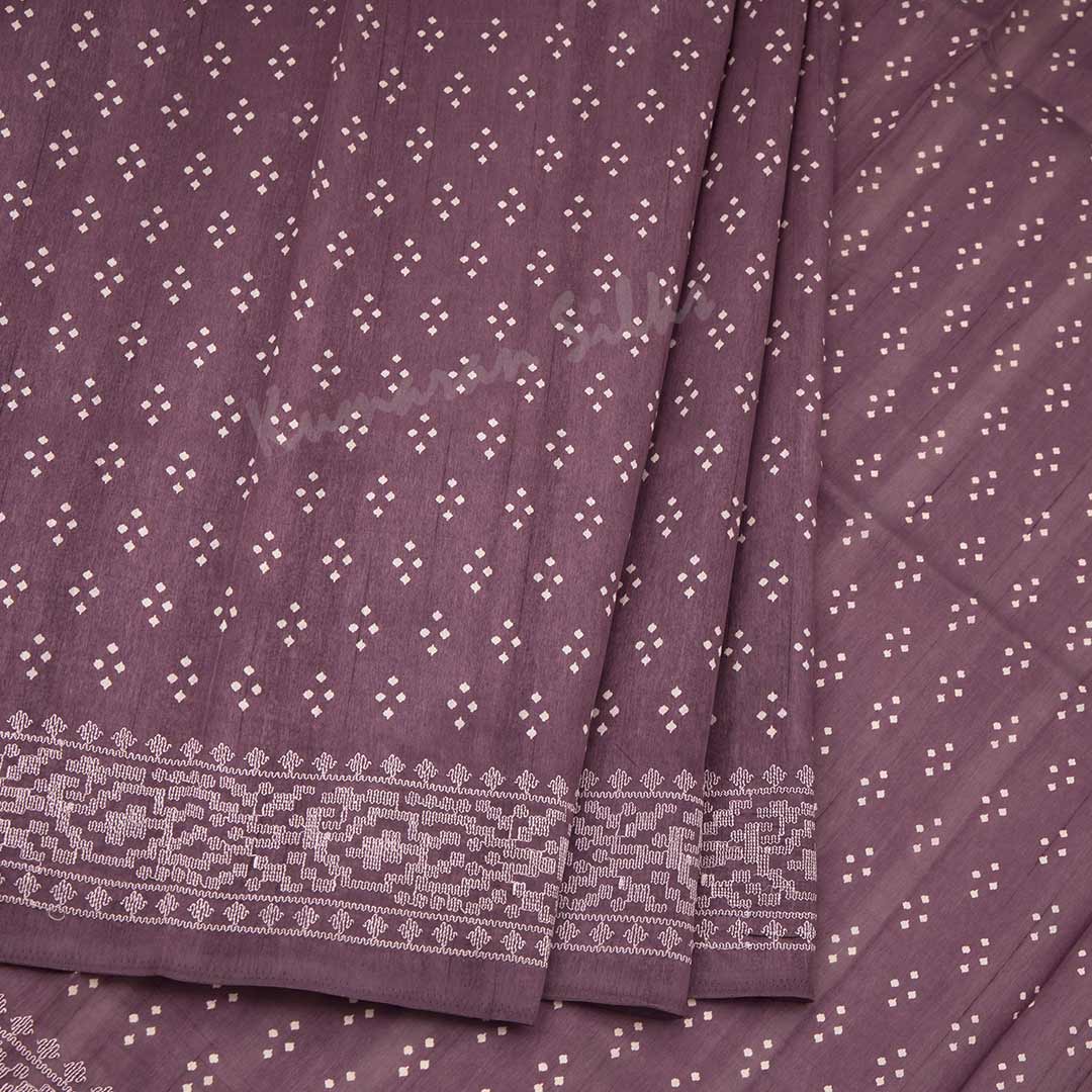 Semi Raw Silk Dark Purple Printed Saree With Thread Border