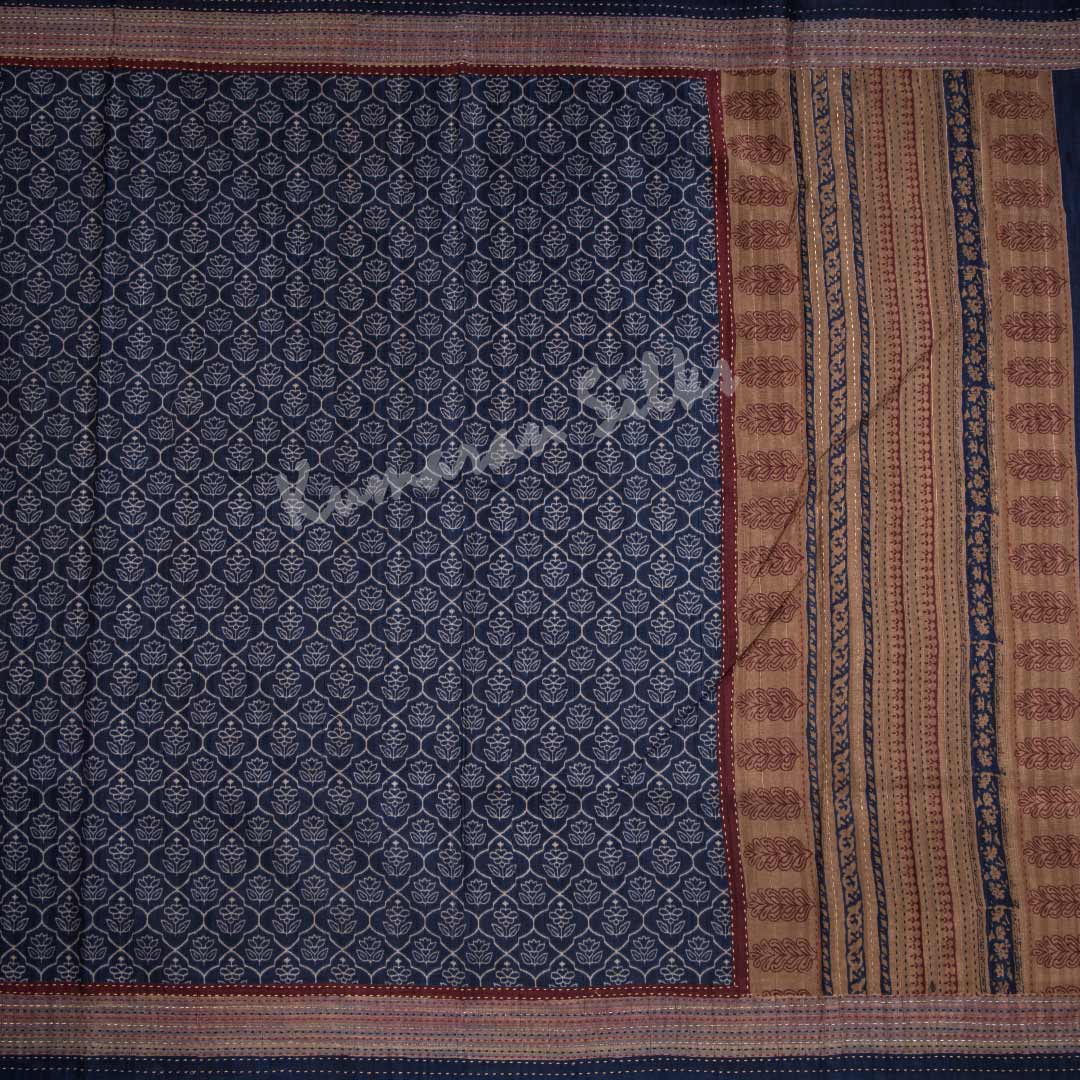 Semi Raw Silk Navy Blue Printed Saree With Thread Border