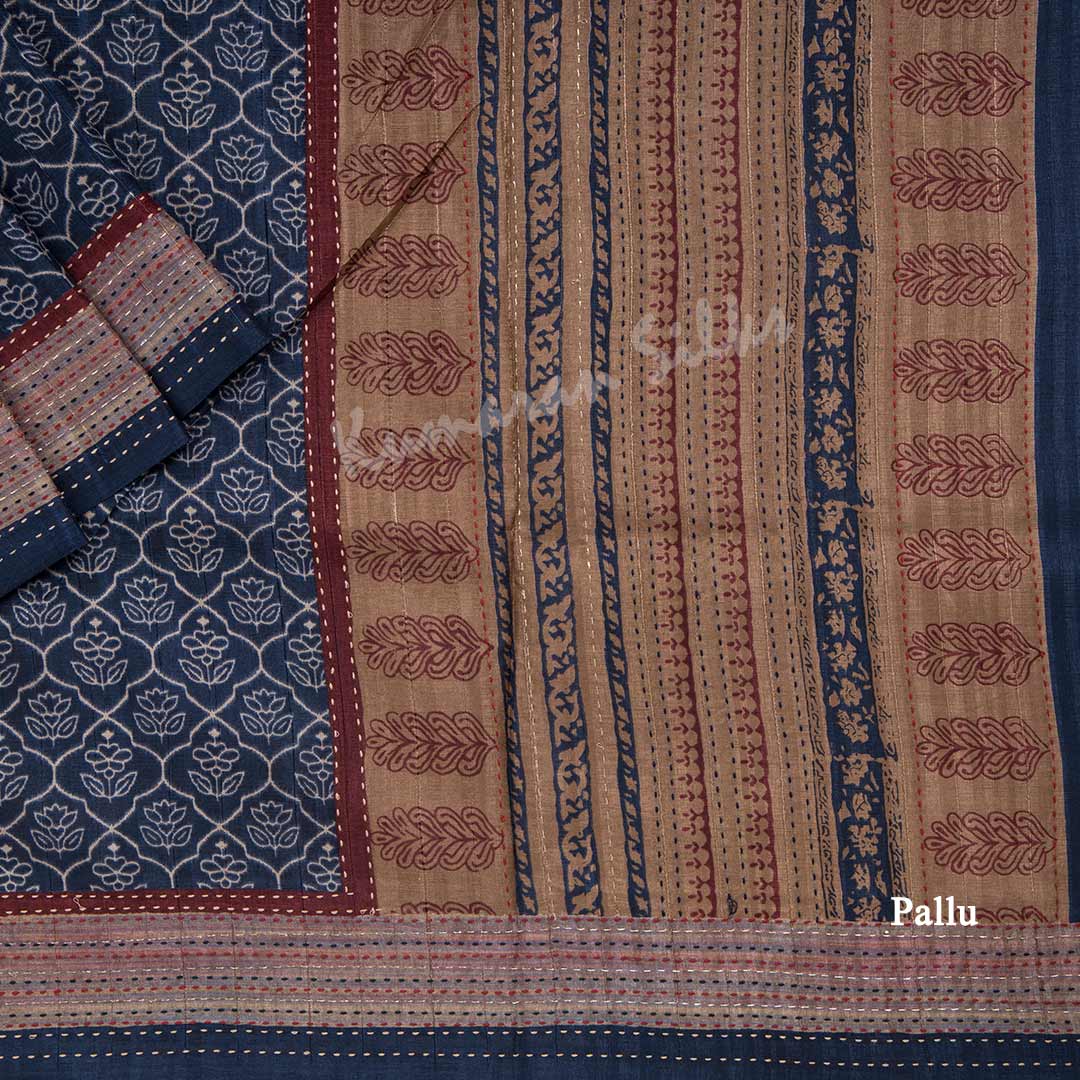 Semi Raw Silk Navy Blue Printed Saree With Thread Border