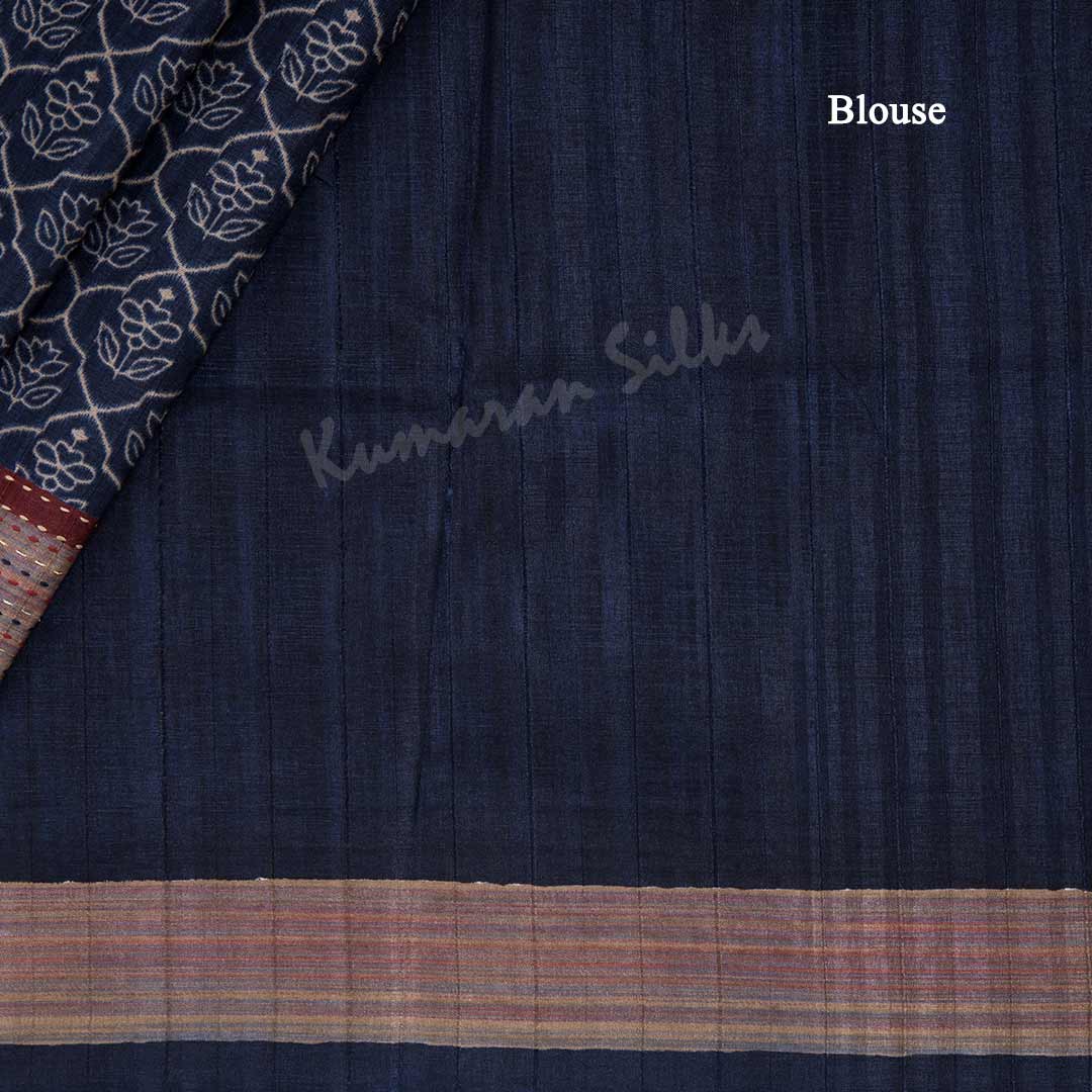 Semi Raw Silk Navy Blue Printed Saree With Thread Border