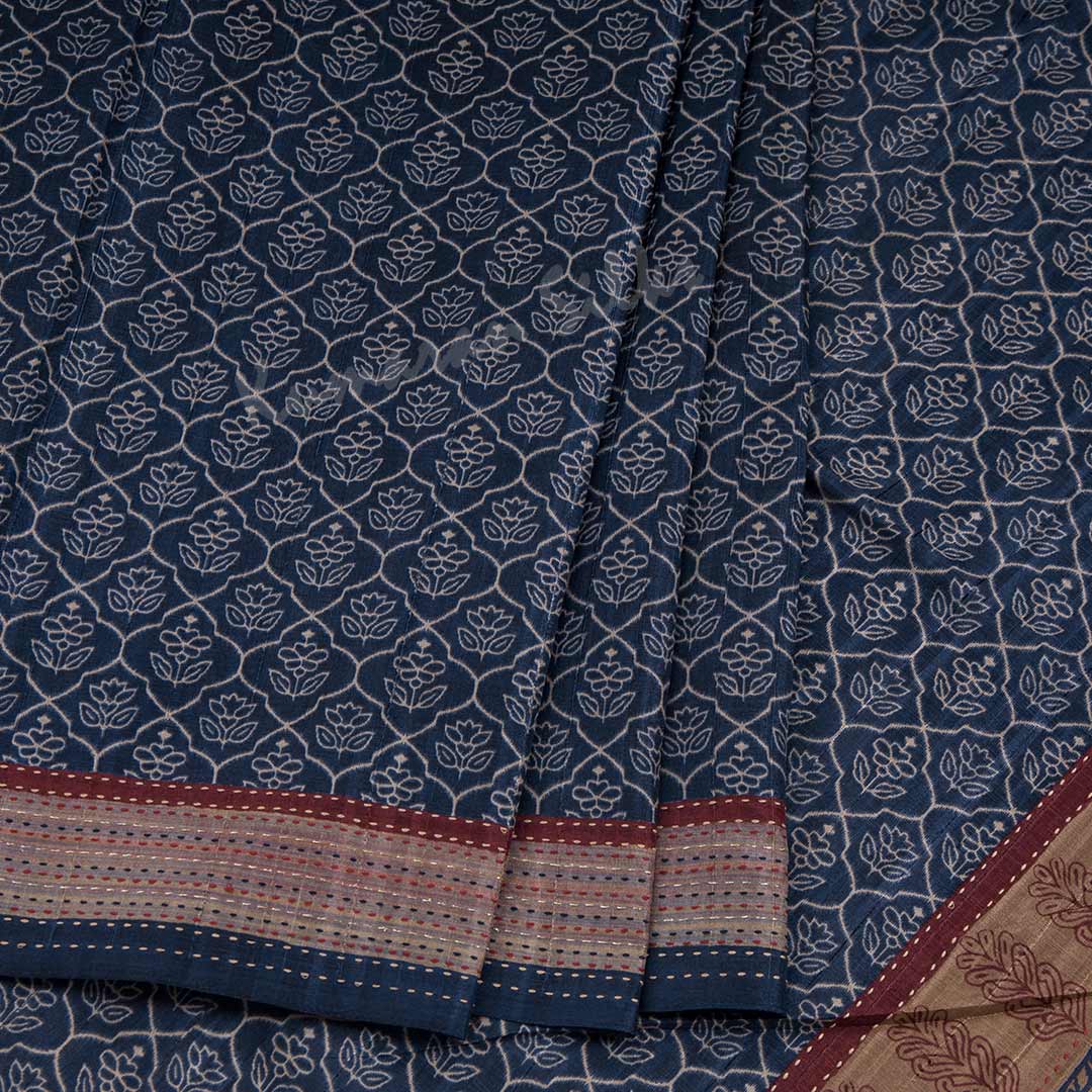 Semi Raw Silk Navy Blue Printed Saree With Thread Border