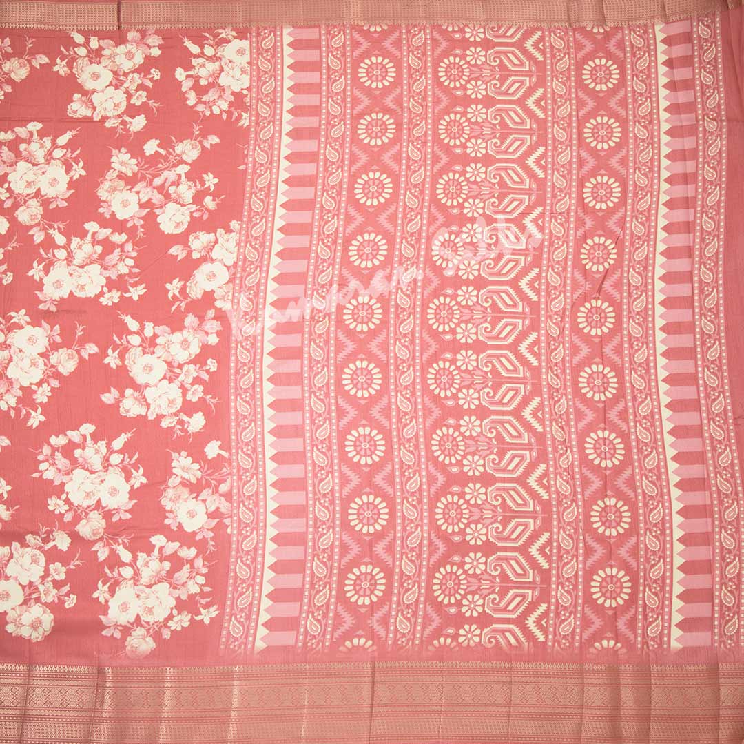 Semi Raw Silk Rose Pink Printed Saree With Zari Border