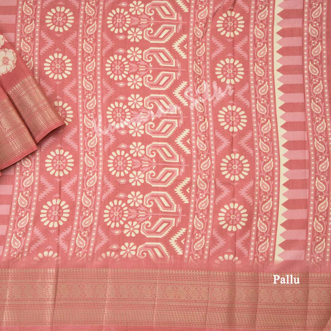 Semi Raw Silk Rose Pink Printed Saree With Zari Border