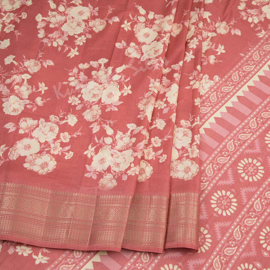 Semi Raw Silk Rose Pink Printed Saree With Zari Border