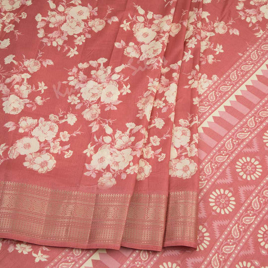 Semi Raw Silk Rose Pink Printed Saree With Zari Border