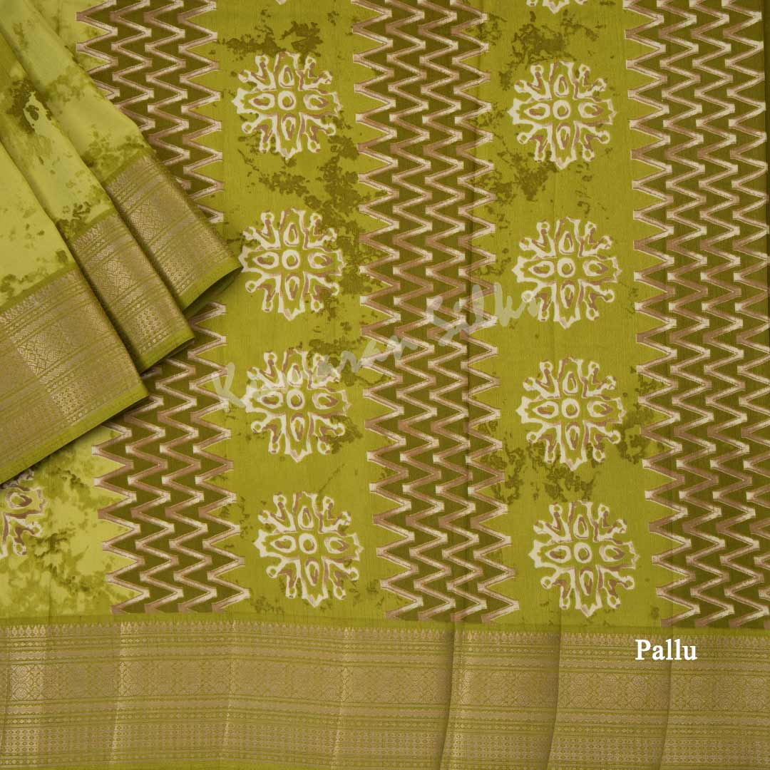 Semi Raw Silk Lime Green Printed Saree With Zari Border