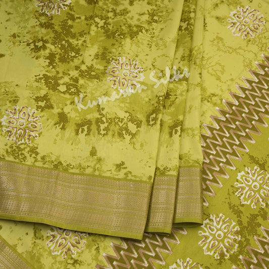 Semi Raw Silk Lime Green Printed Saree With Zari Border