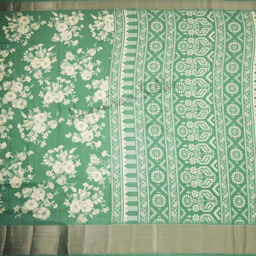 Semi Raw Silk Green Printed Saree With Zari Border