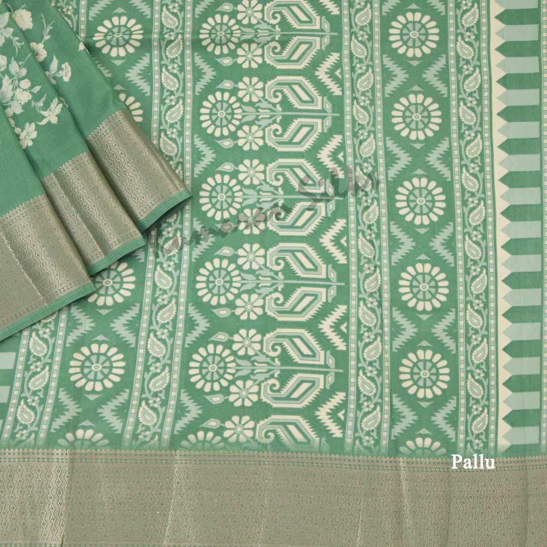 Semi Raw Silk Green Printed Saree With Zari Border