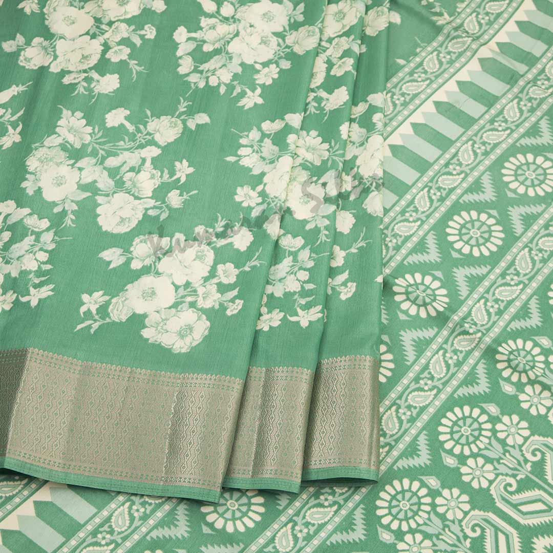 Semi Raw Silk Green Printed Saree With Zari Border