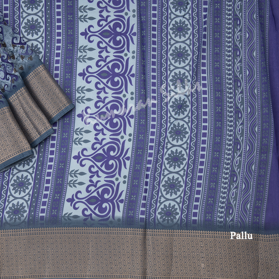 Semi Raw Silk Greyish Blue Printed Saree With Zari Border 02