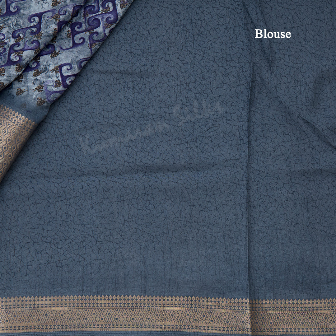 Semi Raw Silk Greyish Blue Printed Saree With Zari Border 02