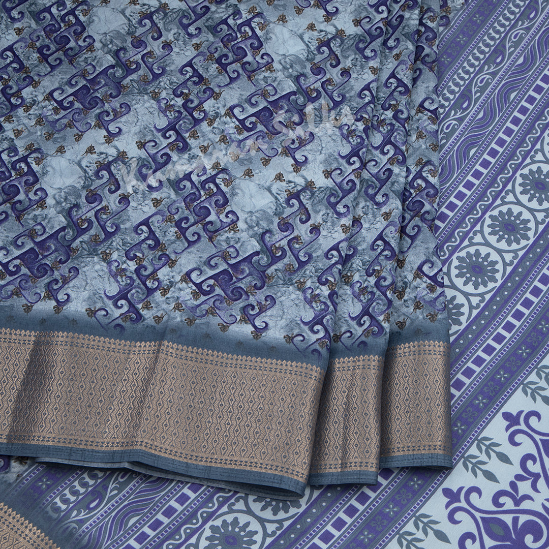 Semi Raw Silk Greyish Blue Printed Saree With Zari Border 02