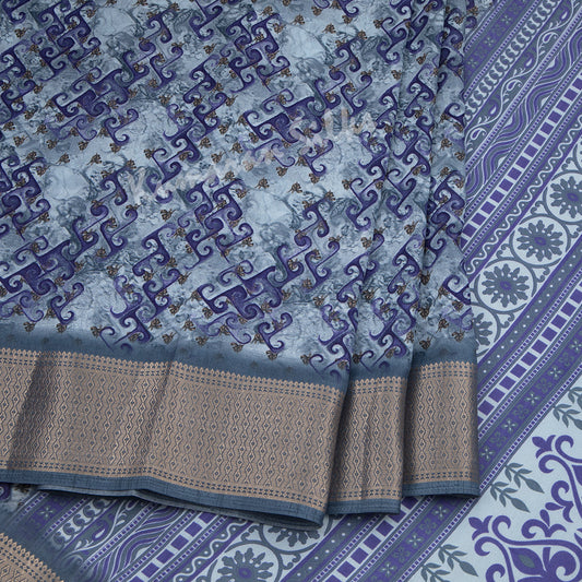 Semi Raw Silk Greyish Blue Printed Saree With Zari Border 02