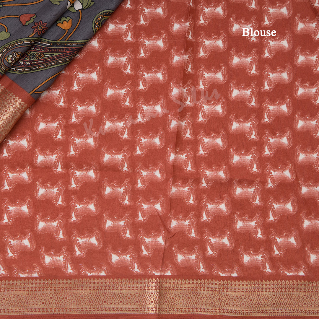 Semi Raw Silk Grey Printed Saree With Zari Border