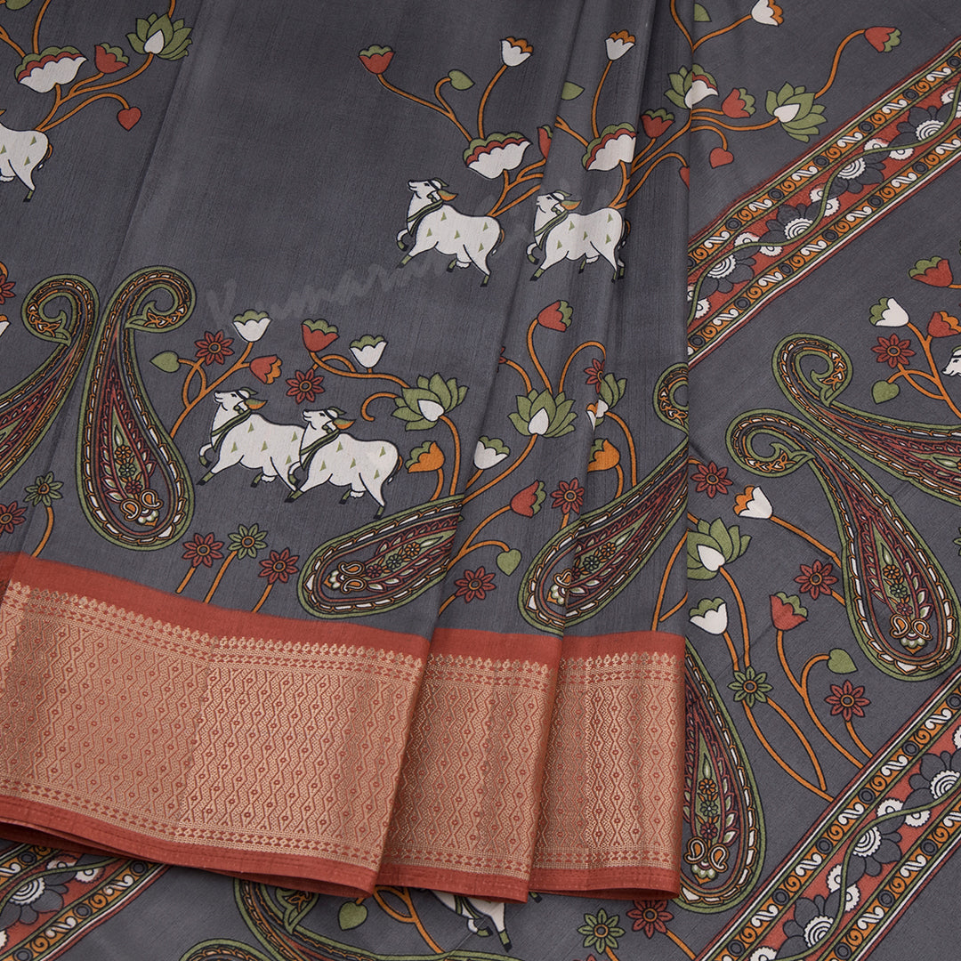 Semi Raw Silk Grey Printed Saree With Zari Border