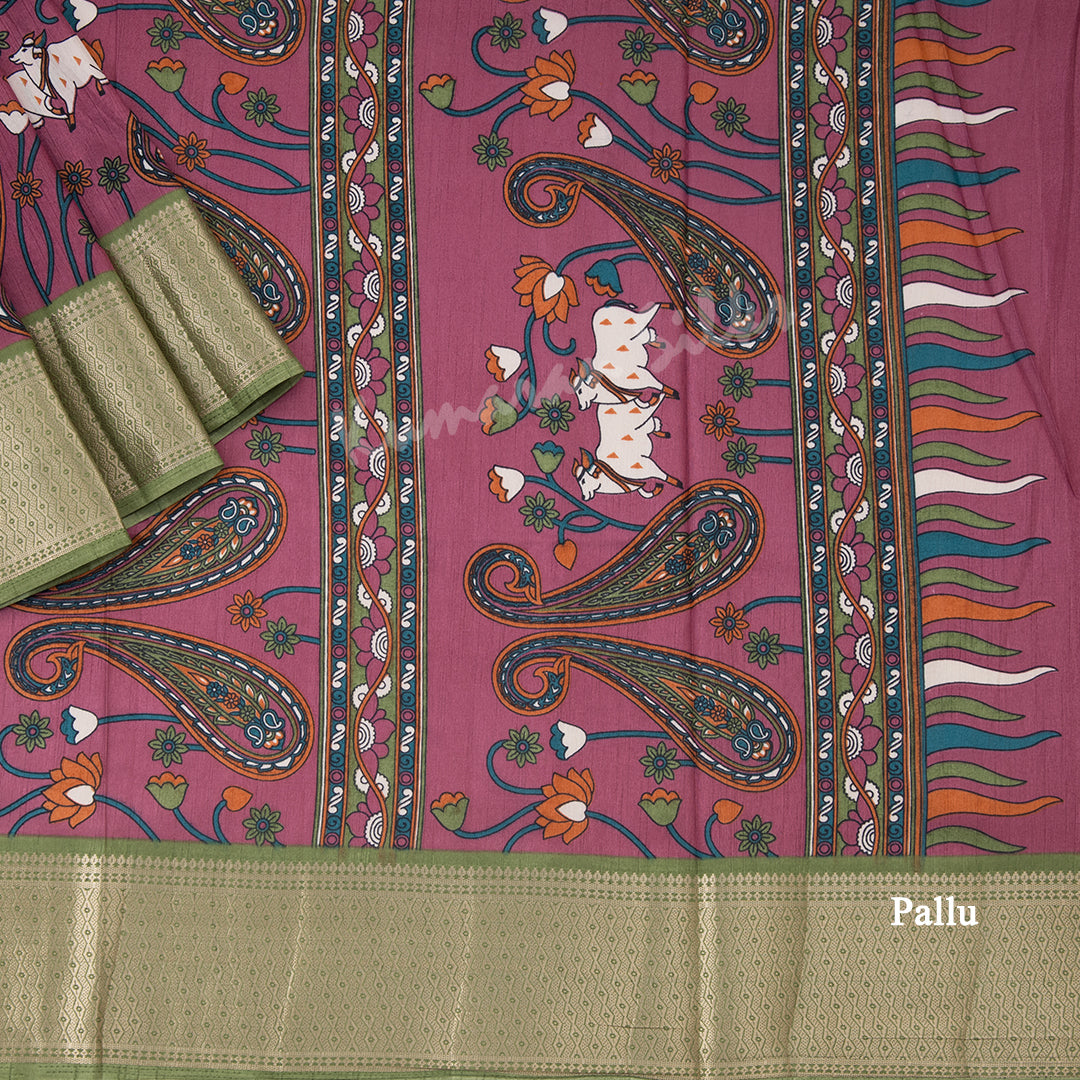 Semi Raw Silk Thulian Pink Printed Saree With Zari Border