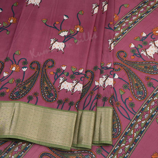 Semi Raw Silk Thulian Pink Printed Saree With Zari Border