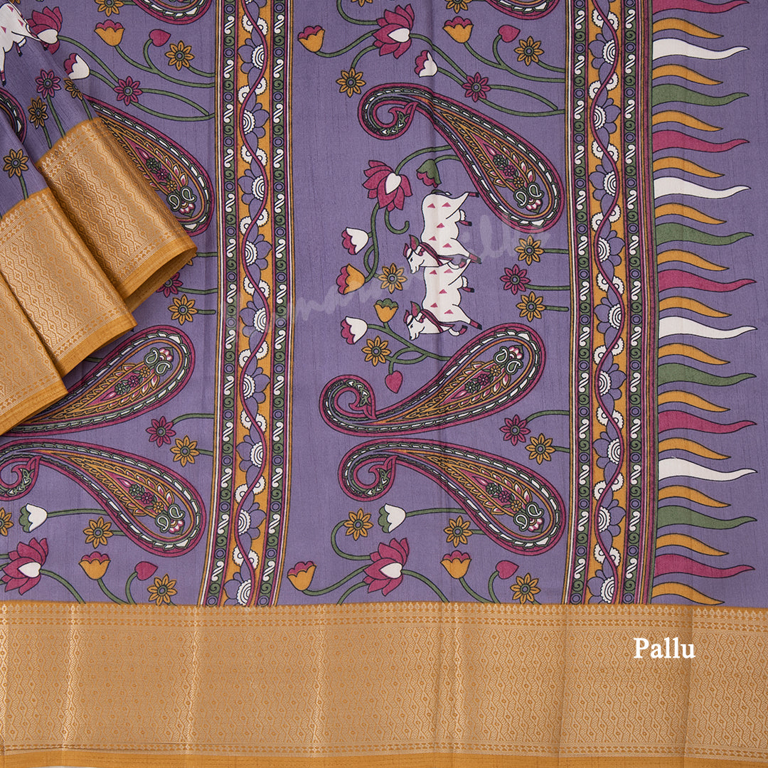 Semi Raw Silk Violet Printed Saree With Zari Border