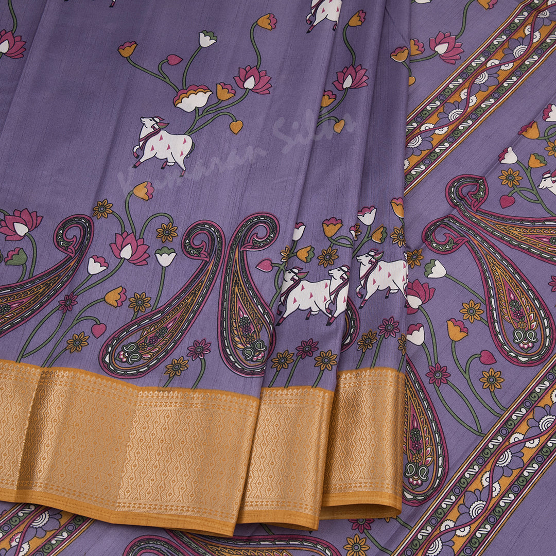 Semi Raw Silk Violet Printed Saree With Zari Border