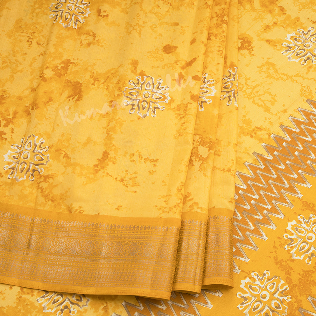 Semi Raw Silk Yellow Printed Saree With Zari Border