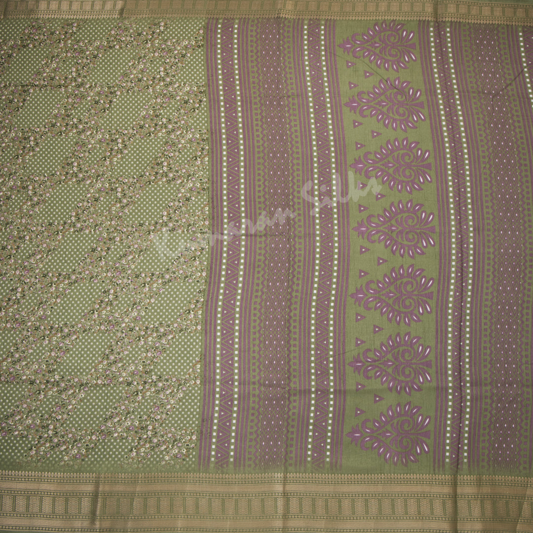 Semi Raw Silk Olive Green Printed Saree With Zari Border