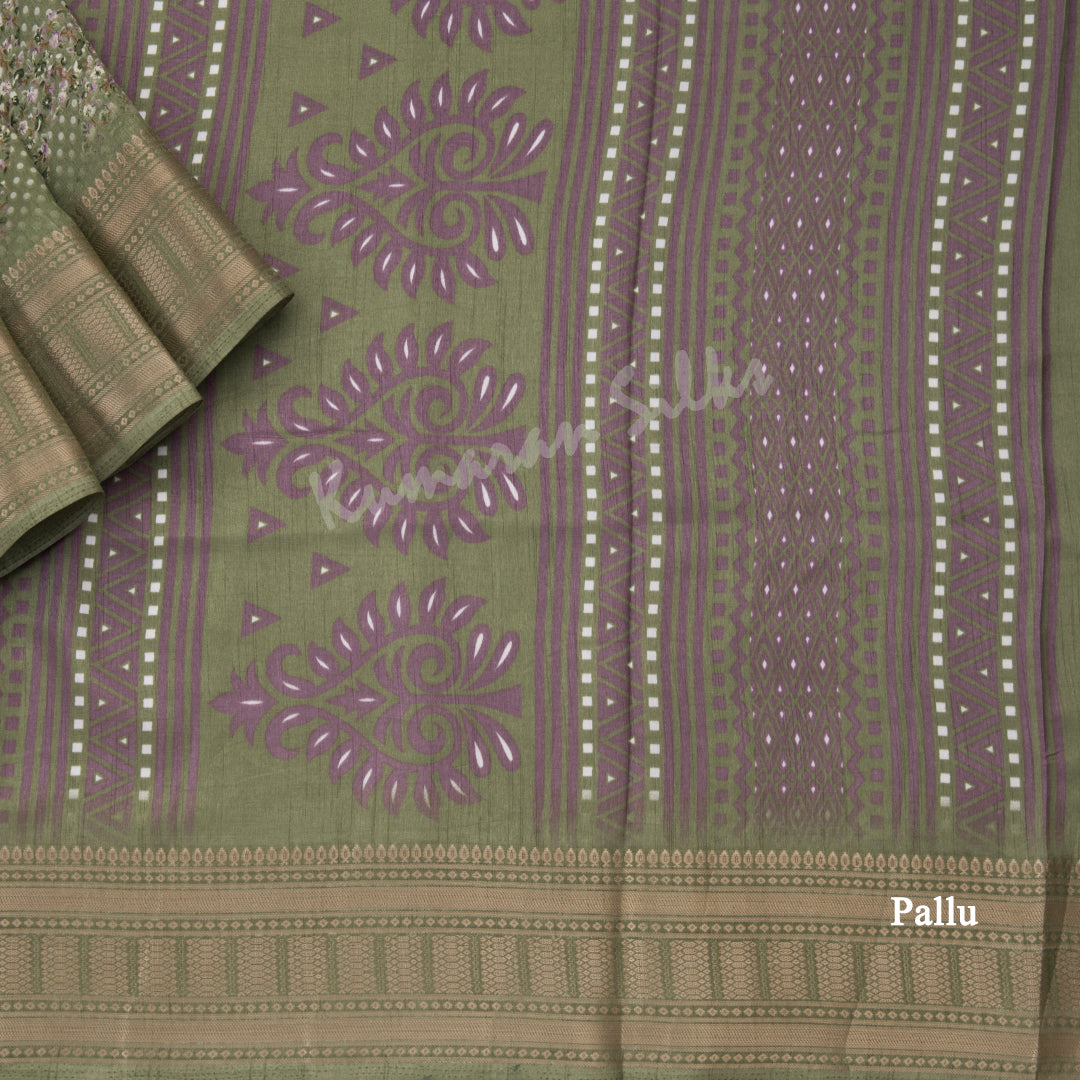 Semi Raw Silk Olive Green Printed Saree With Zari Border