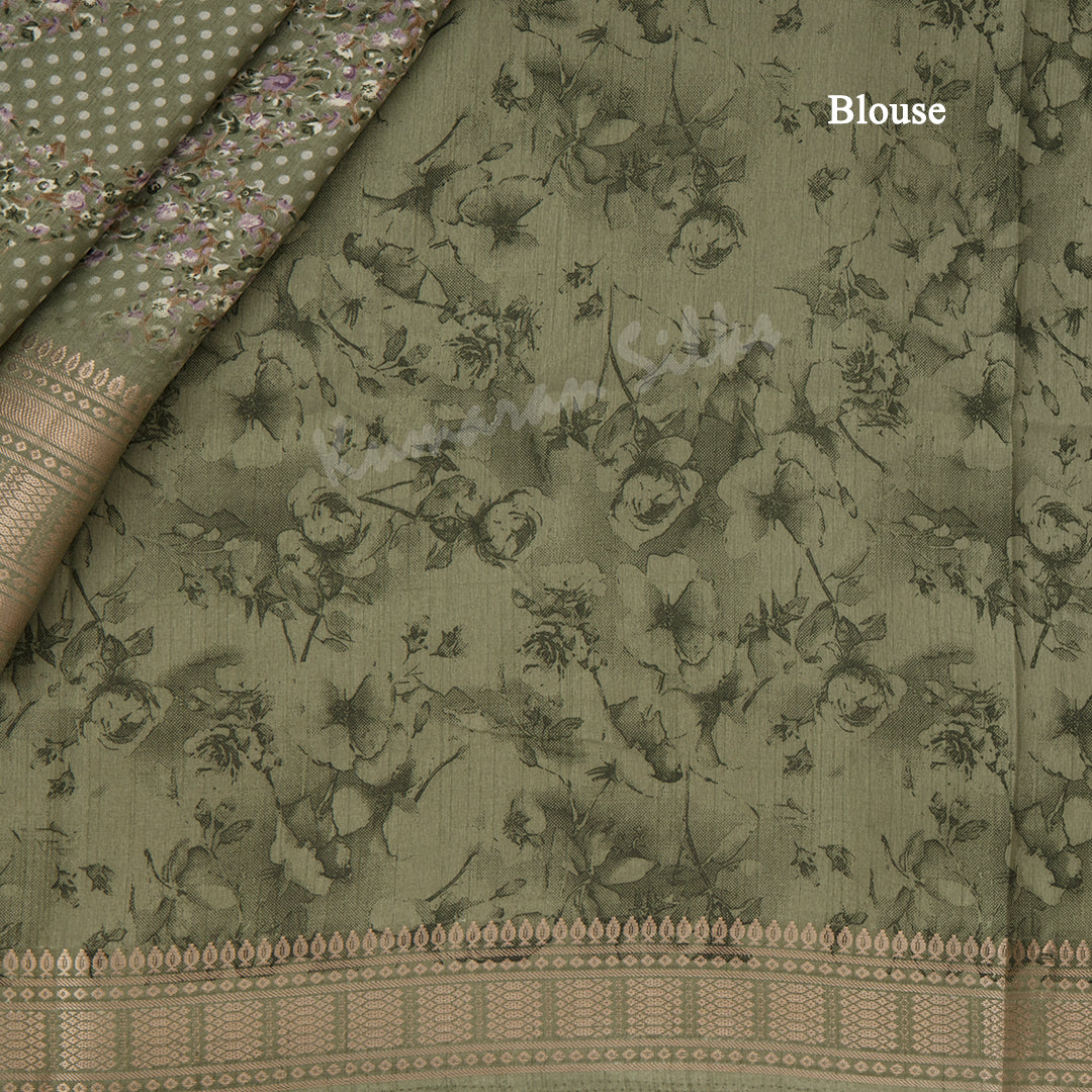 Semi Raw Silk Olive Green Printed Saree With Zari Border