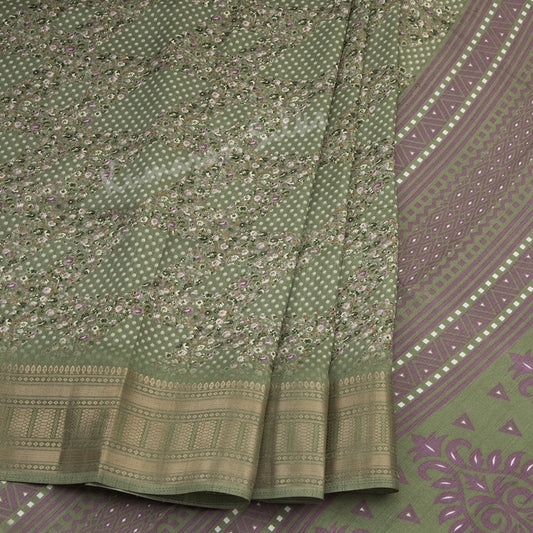 Semi Raw Silk Olive Green Printed Saree With Zari Border