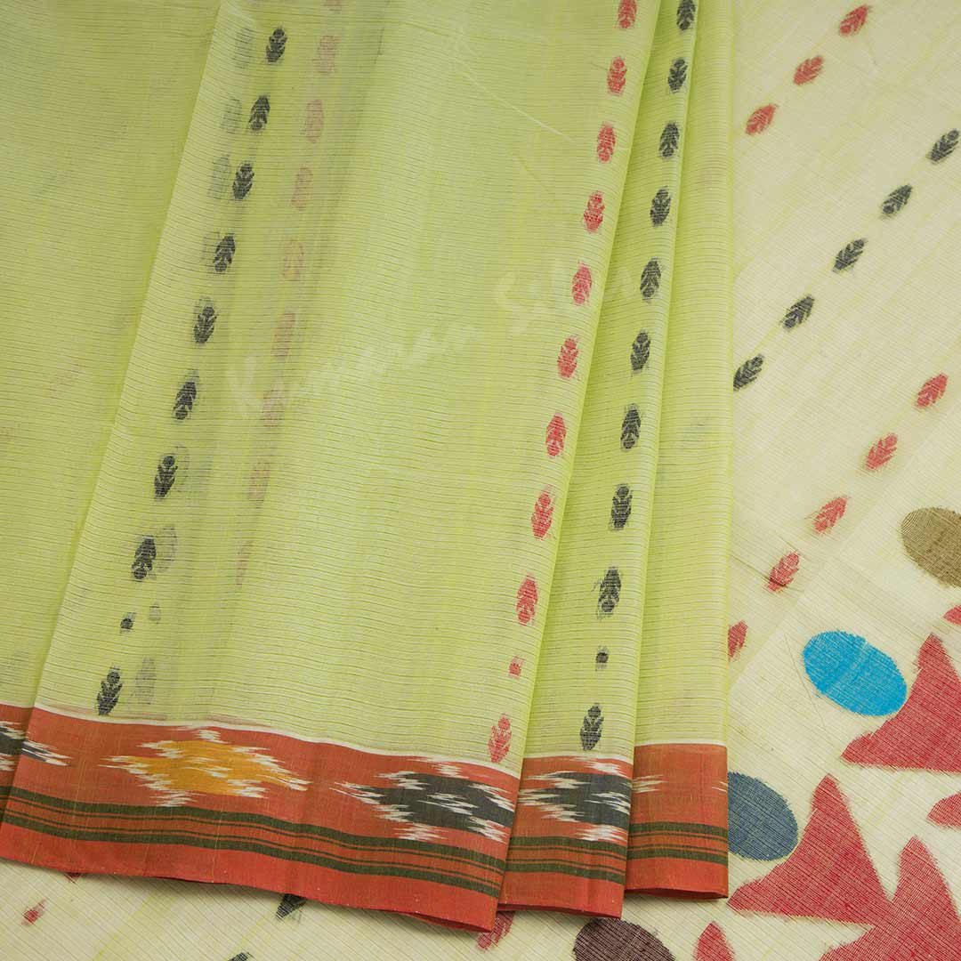 Bengali Cotton Light Green Thread Embossed Saree Without Blouse