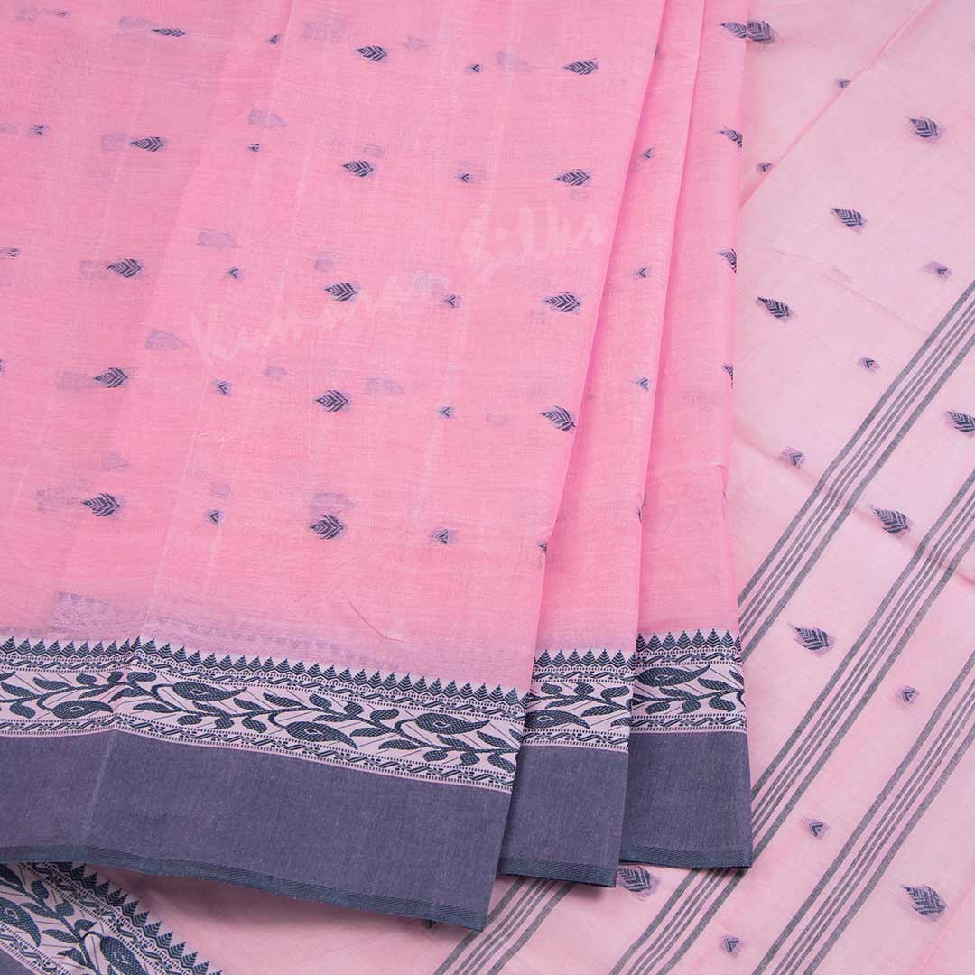 Bengali Cotton Rose Pink Thread Embossed Saree Without Blouse