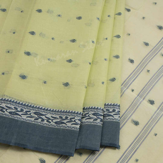 Bengali Cotton Light Green Thread Embossed Saree Without Blouse 02