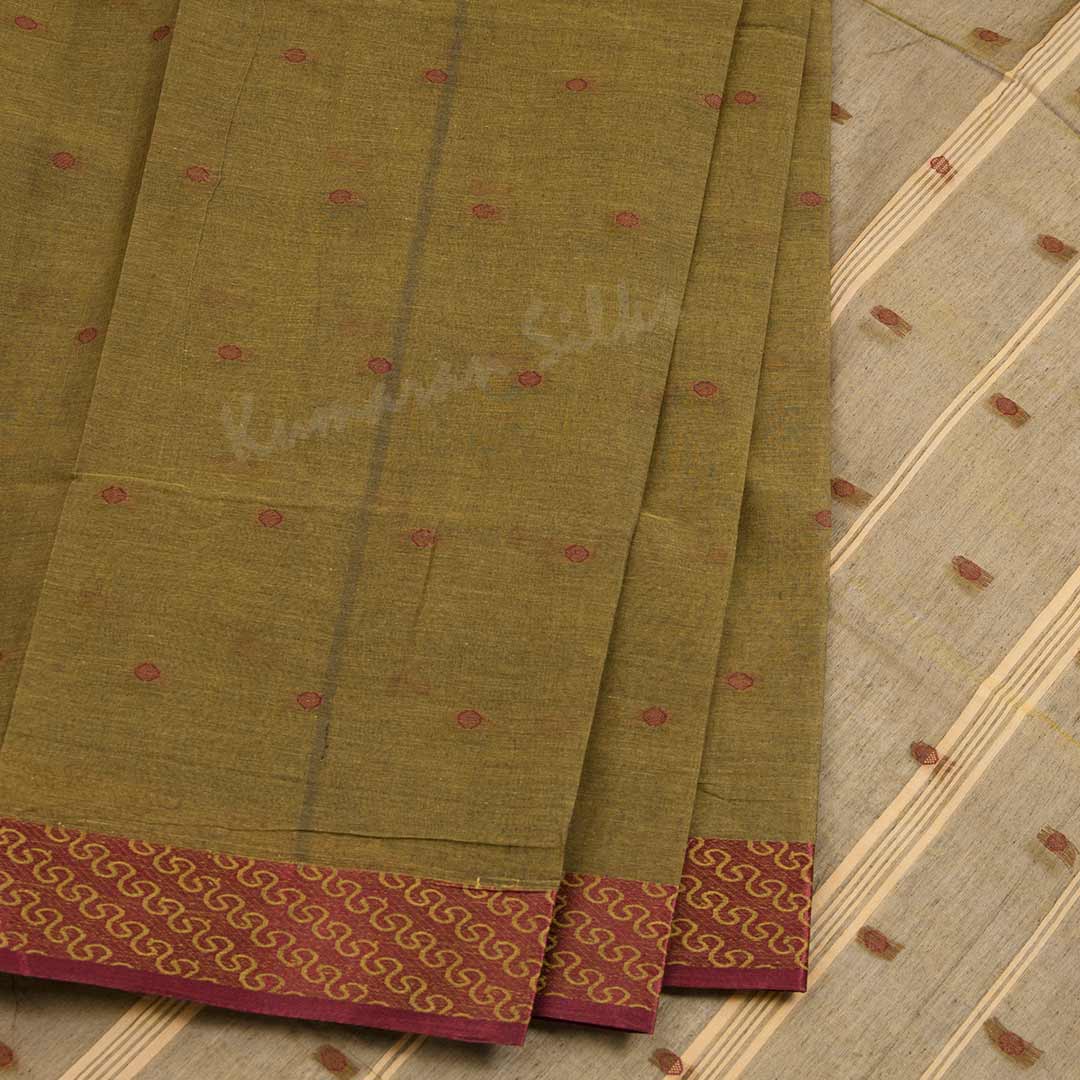 Bengali Cotton Mehandi Green Thread Embossed Saree Without Blouse