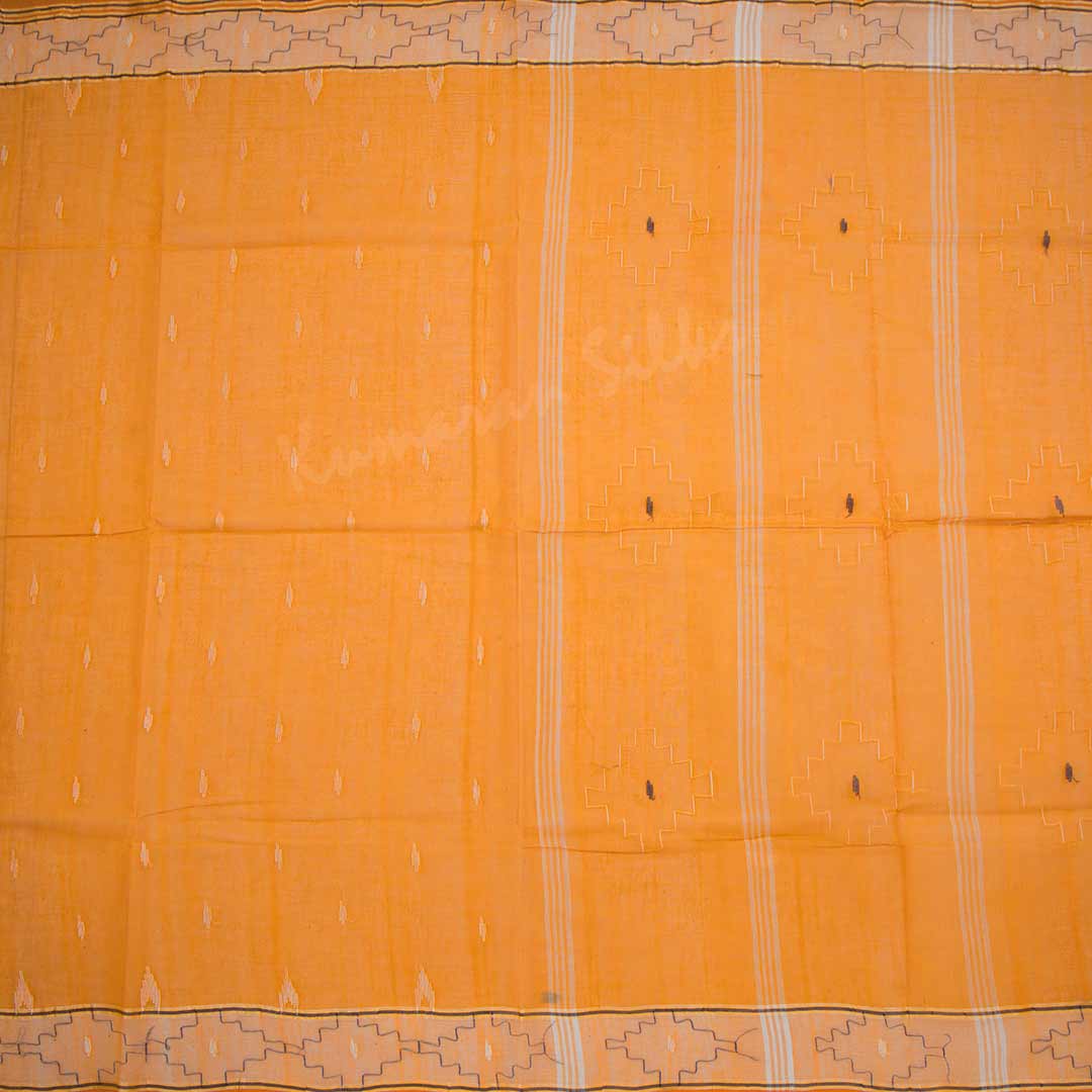 Bengali Cotton Mango Yellow Thread Embossed Saree Without Blouse