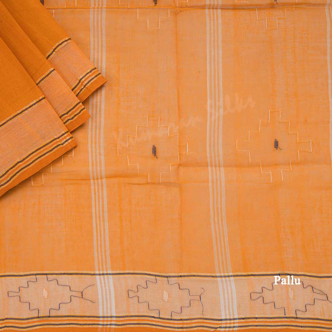 Bengali Cotton Mango Yellow Thread Embossed Saree Without Blouse