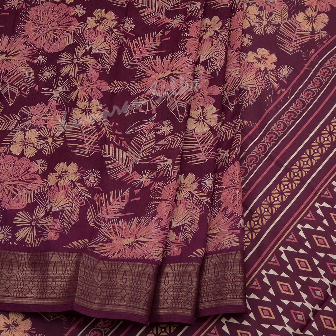 Semi Raw Silk Plum Purple Printed Saree With Zari Border