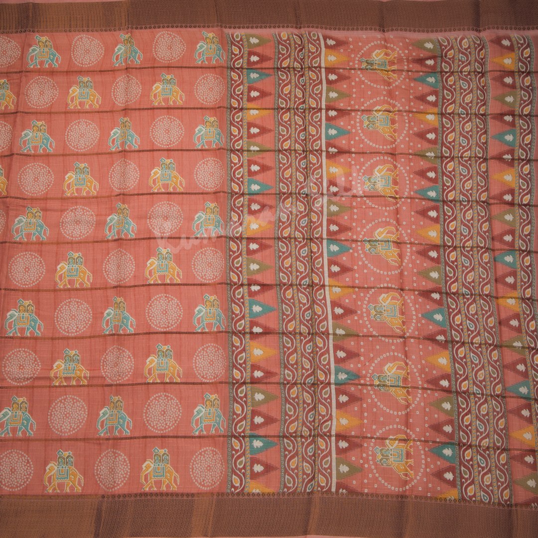 Semi Raw Silk Peach Printed Saree With Zari Border