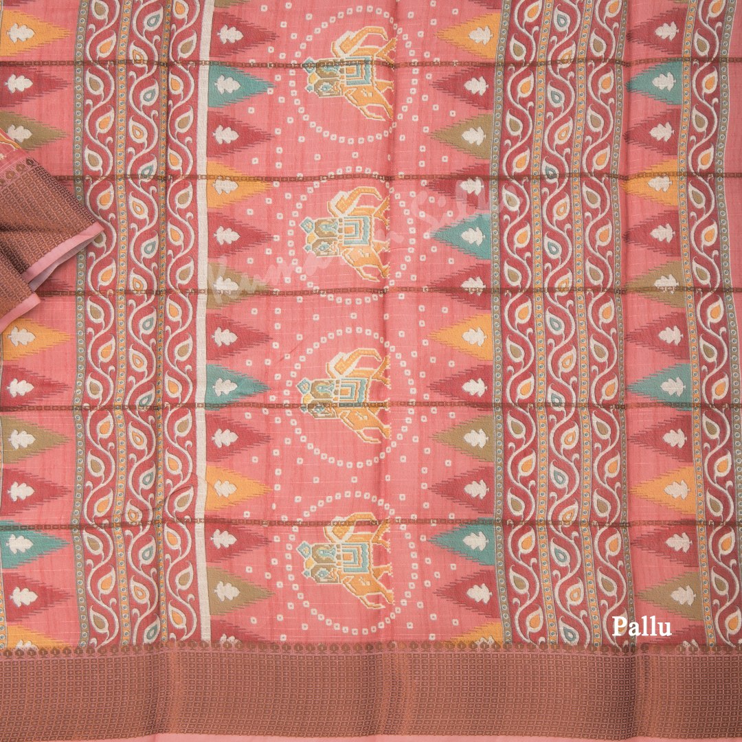 Semi Raw Silk Peach Printed Saree With Zari Border