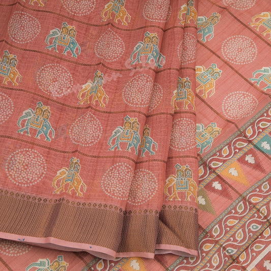 Semi Raw Silk Peach Printed Saree With Zari Border