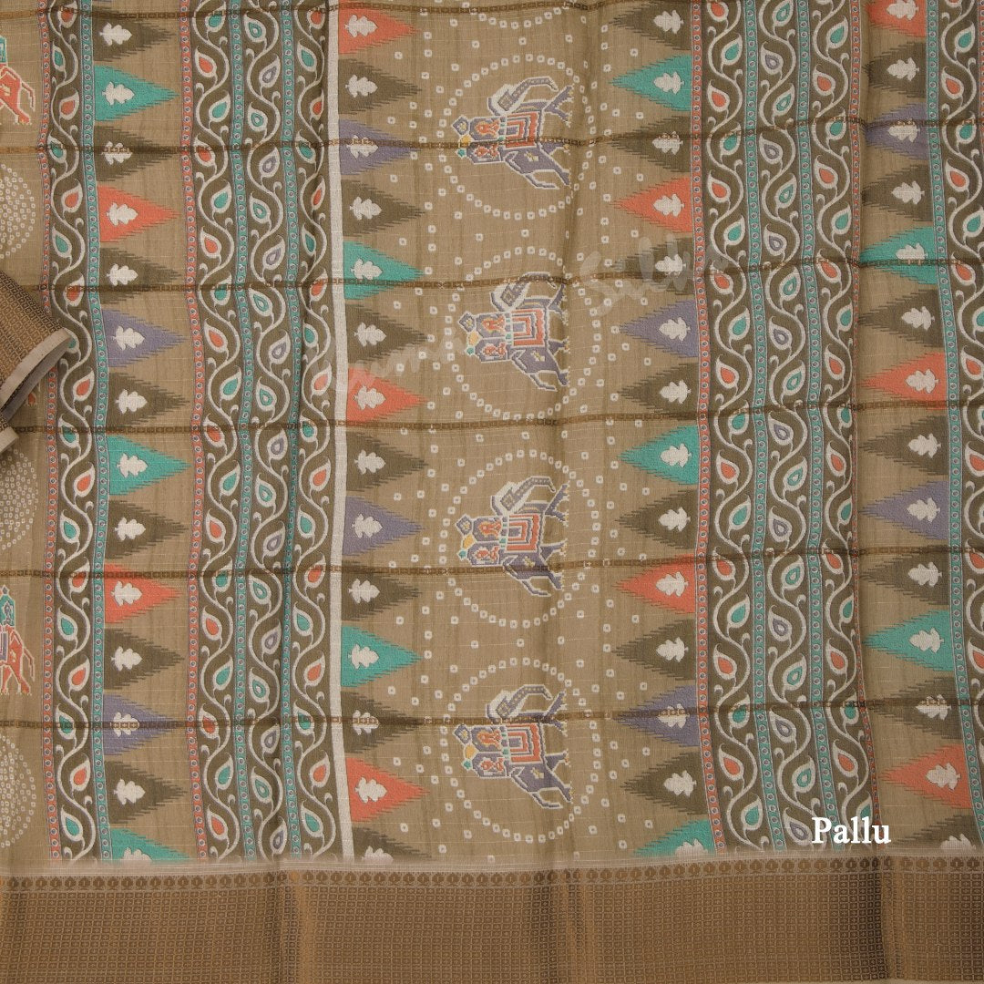 Semi Raw Silk Light Brown Printed Saree With Zari Border