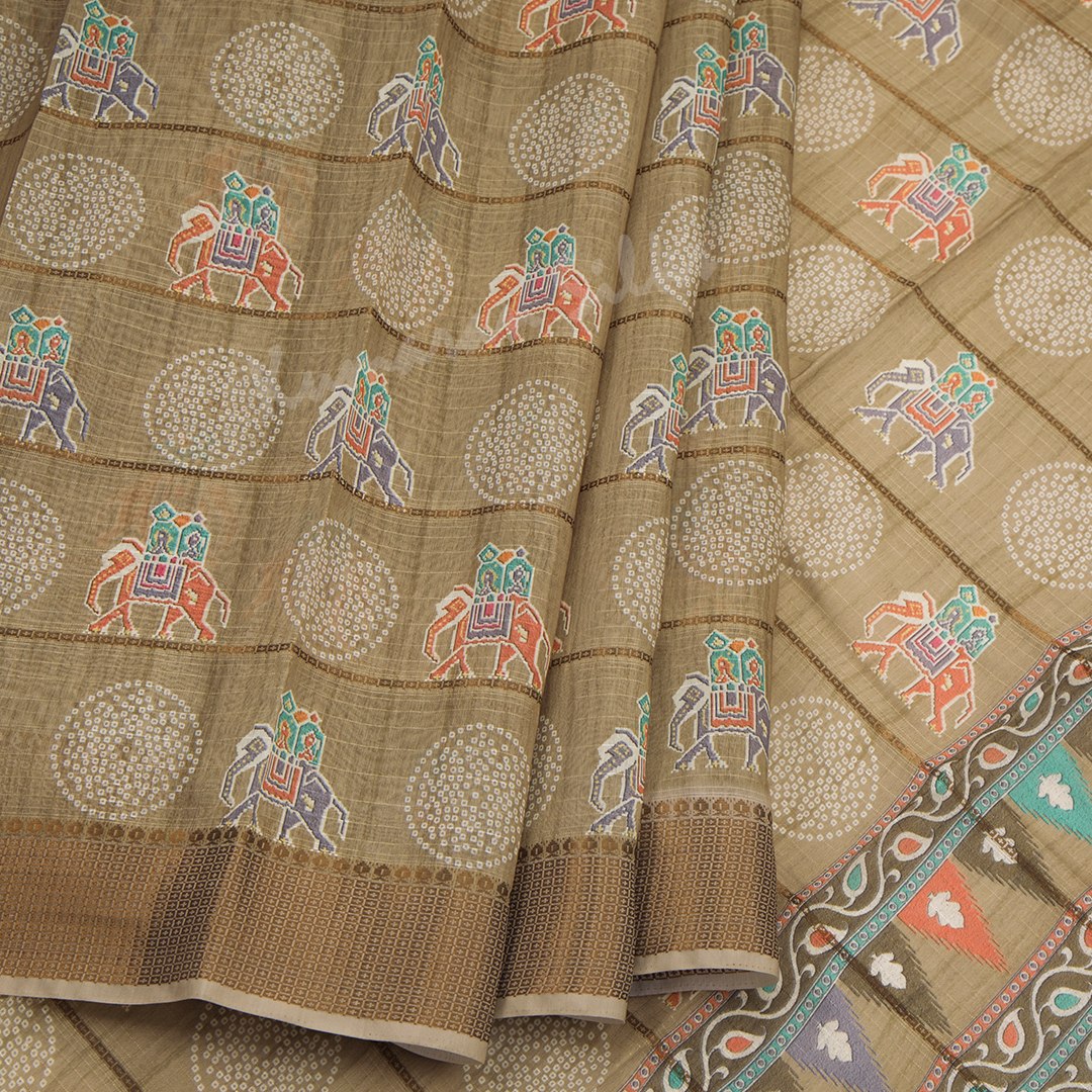 Semi Raw Silk Light Brown Printed Saree With Zari Border