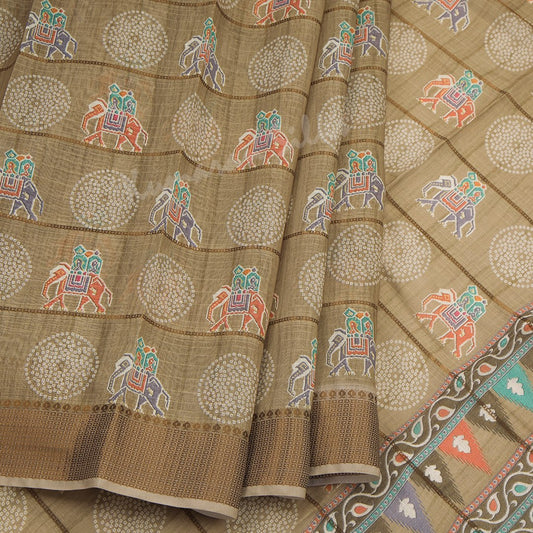 Semi Raw Silk Light Brown Printed Saree With Zari Border