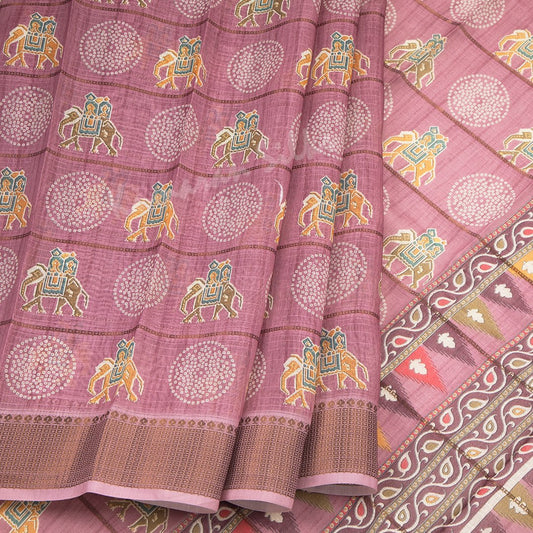 Semi Raw Silk Taffy Pink Printed Saree With Zari Border