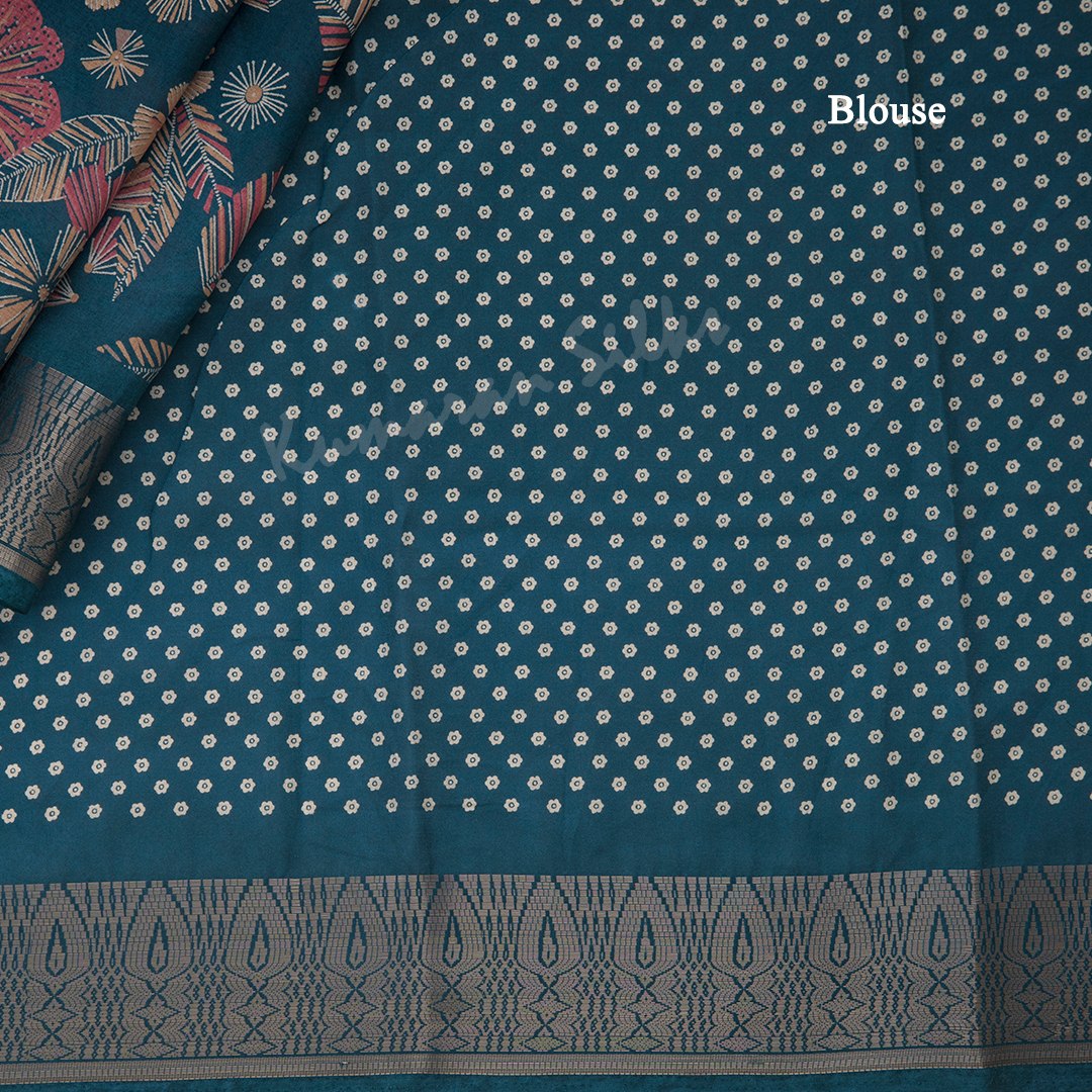 Semi Raw Silk Teal Blue Printed Saree With Zari Border