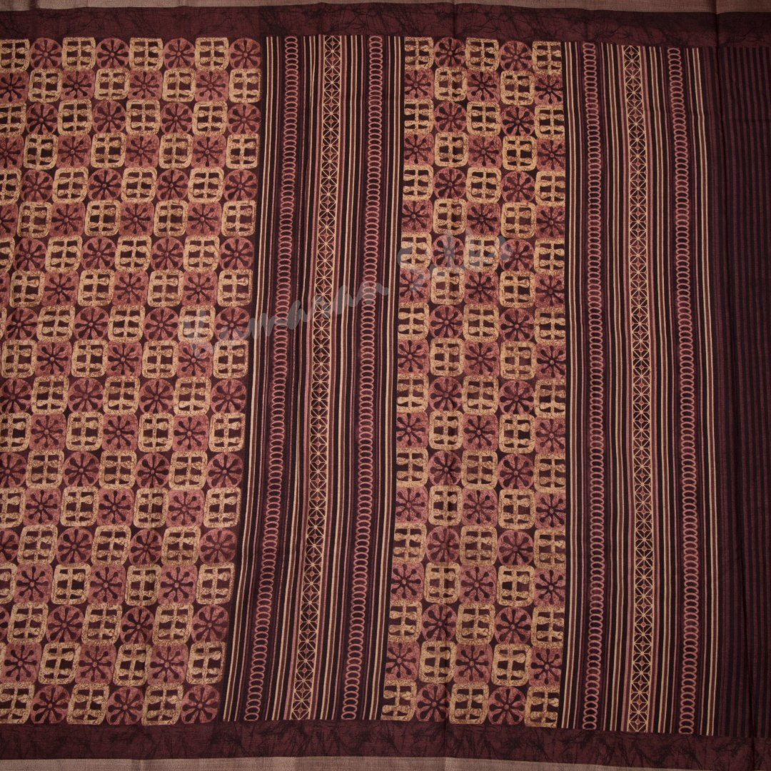 Semi Raw Silk Dark Brown Printed Saree With Zari Border