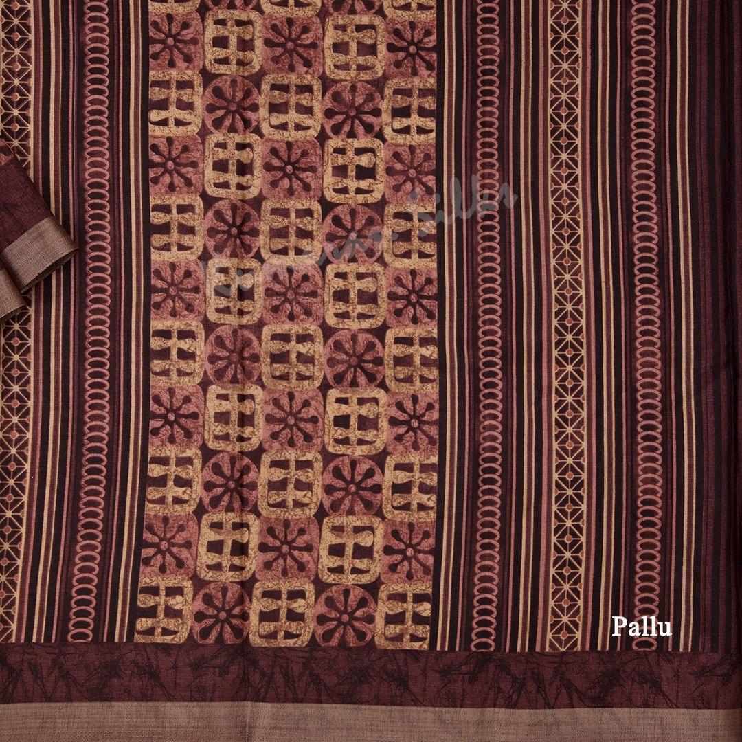 Semi Raw Silk Dark Brown Printed Saree With Zari Border