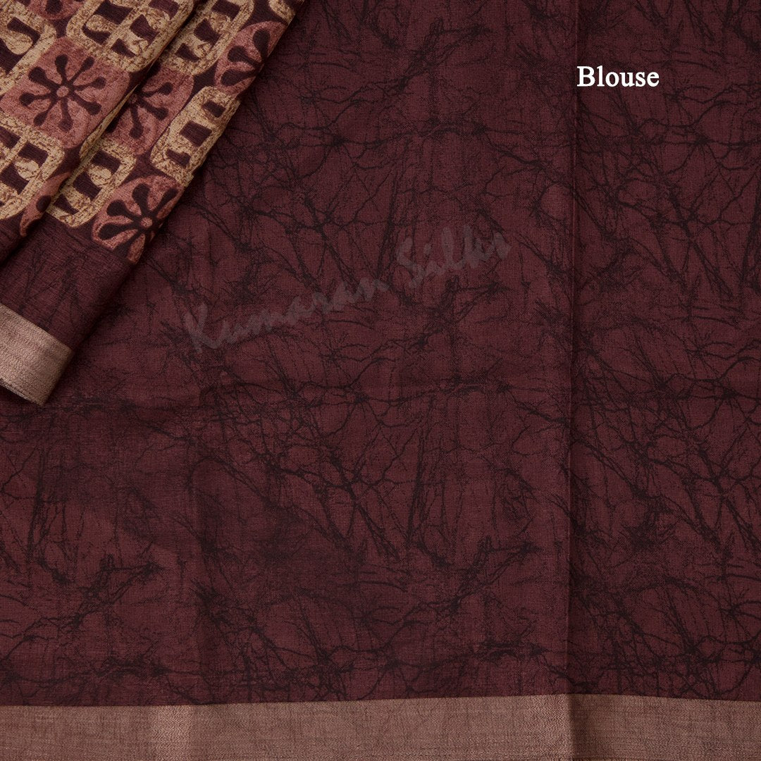 Semi Raw Silk Dark Brown Printed Saree With Zari Border