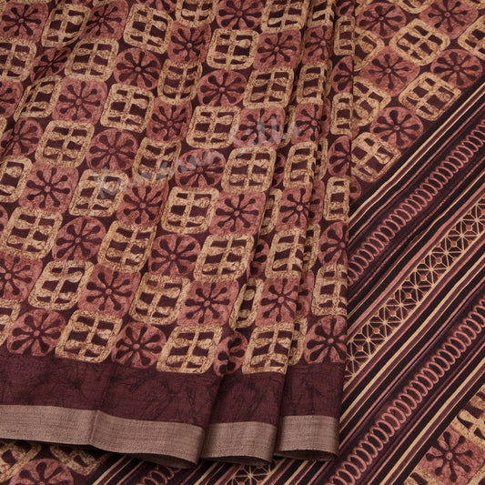 Semi Raw Silk Dark Brown Printed Saree With Zari Border